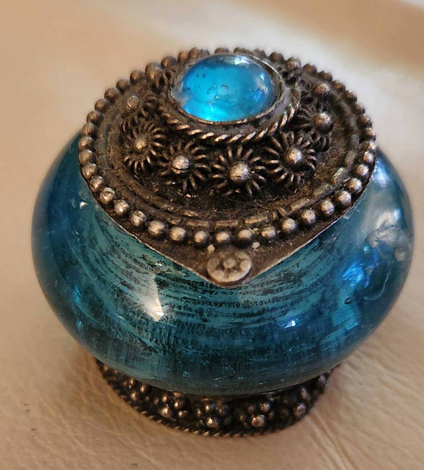 Vintage Cobalt Blue Glass Pill/Trinket Box with Ornate Metal Lid and Base Akaar