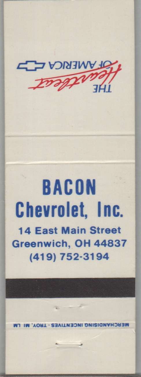 Matchbook Cover - Chevrolet Dealer - Bacon Chevrolet Greenwich, OH