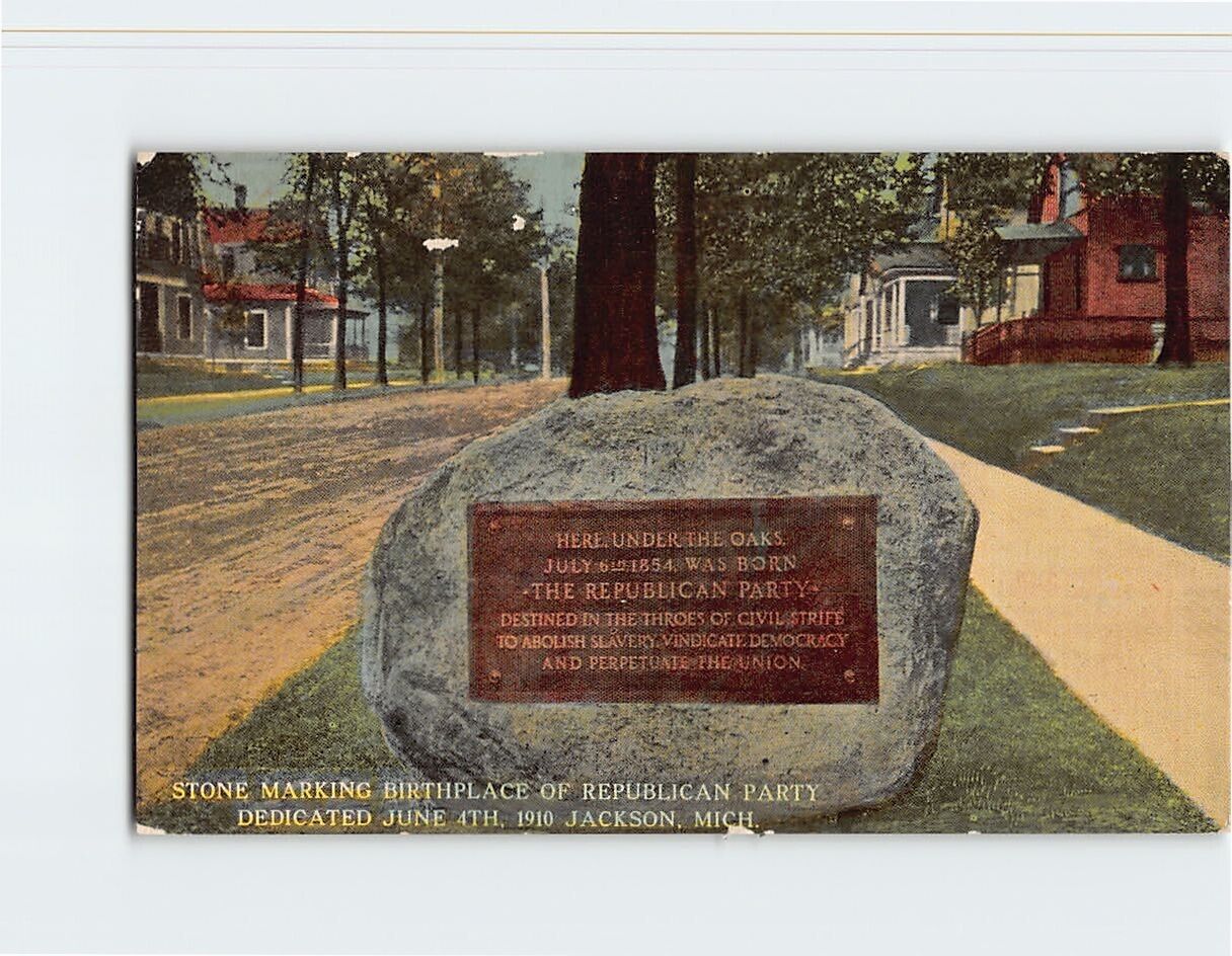 Postcard Stone Marking Birthplace of Republican Party Jackson Michigan USA
