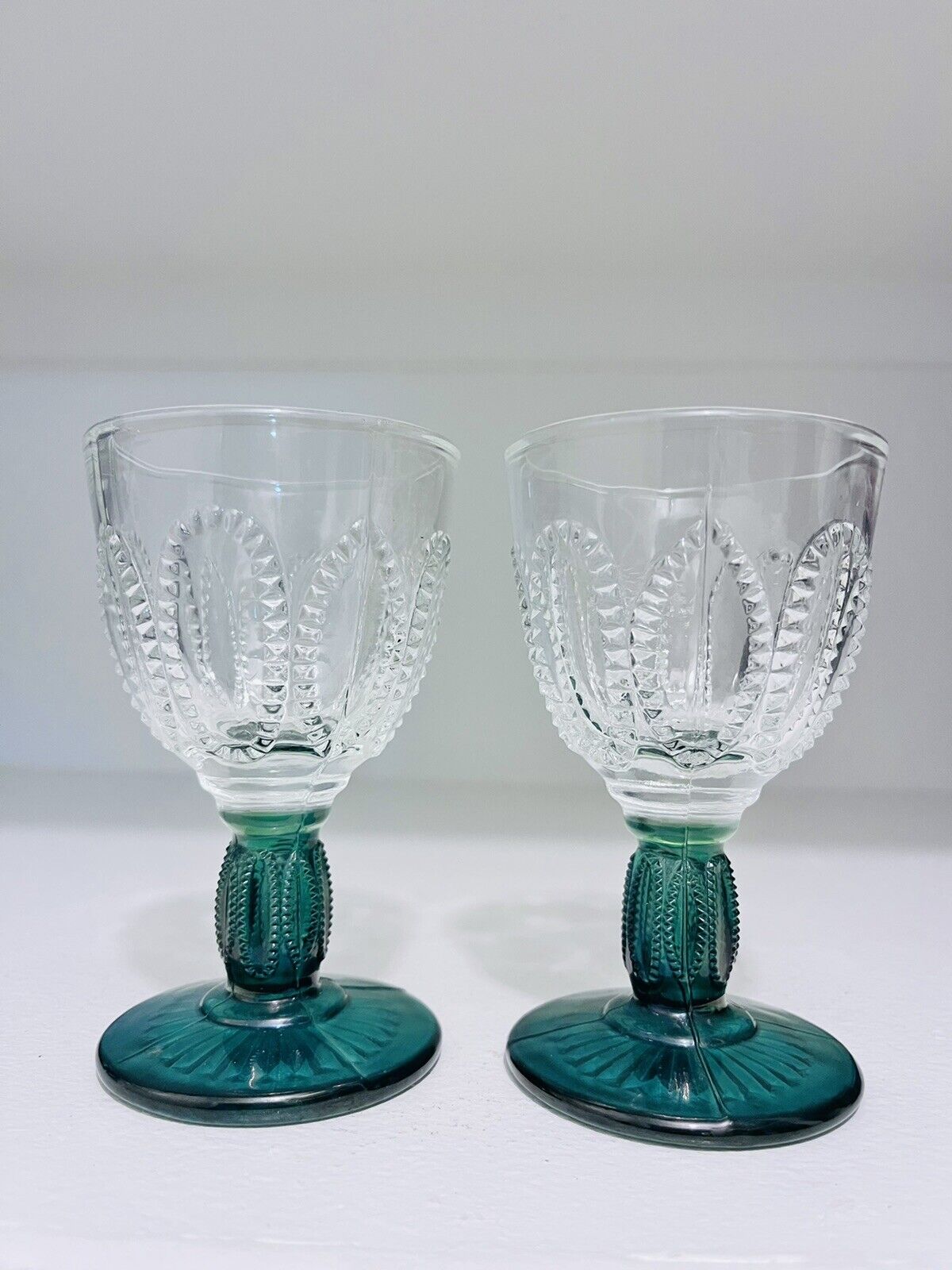 Pair of Vintage Avon 1982 Emerald Accent Cordial Green Glass Stemware Set of 2