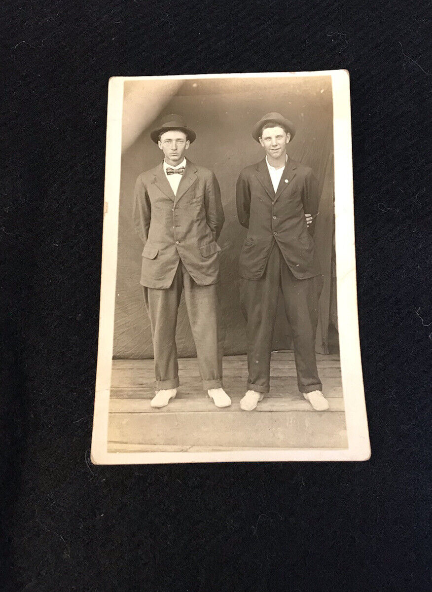Antique c1900 Photo Postcard RPPC Brothers Friends Fashion Suits Hats Serious