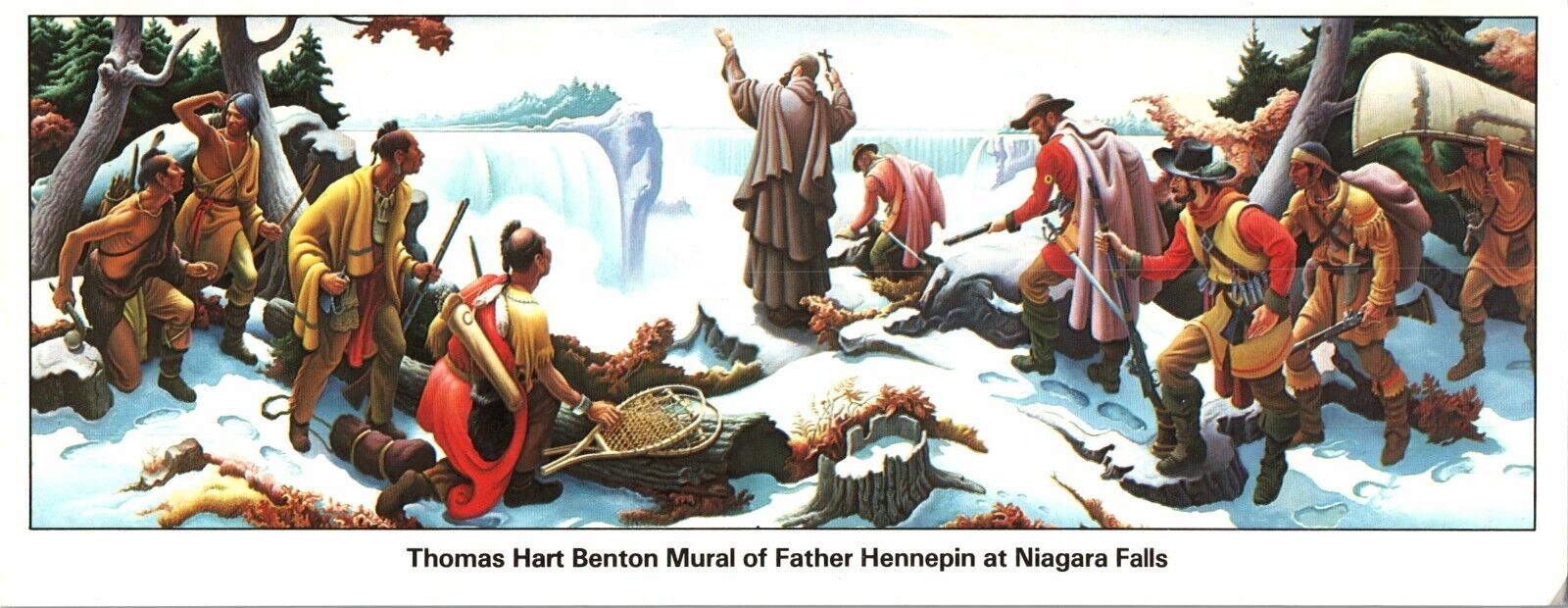 Thomas Hart Benton Mural of Father Hennepin at Niagara Falls Long VTG Postcard