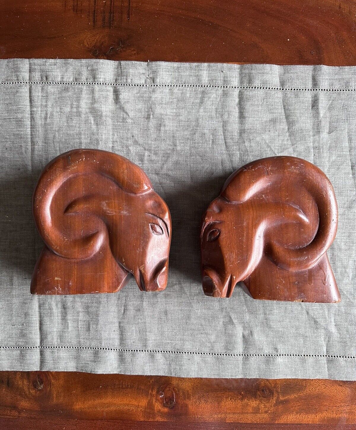 Vintage Ram Aries Mahogany Hand Carved Solid Wood 2Bookends Busts Mcm Decor Pair