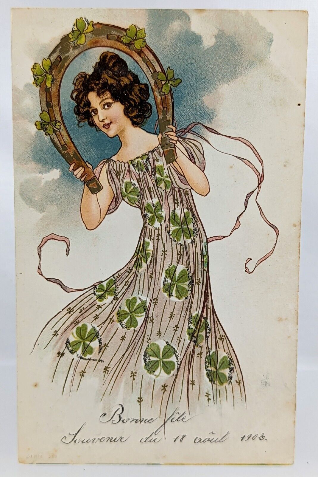 Beautiful Brown Woman w Horseshoe & Clovers Fine Litho Nouveau Postcard 1902