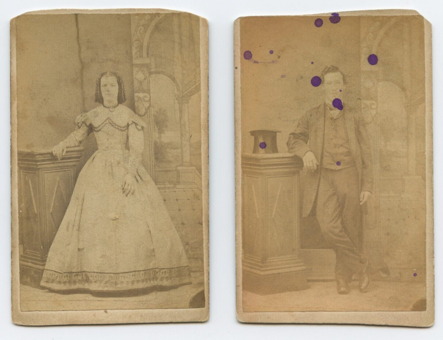 Two Antique CDV C. 1870s Portrait of a Woman and a Man in Same Unknown Studio