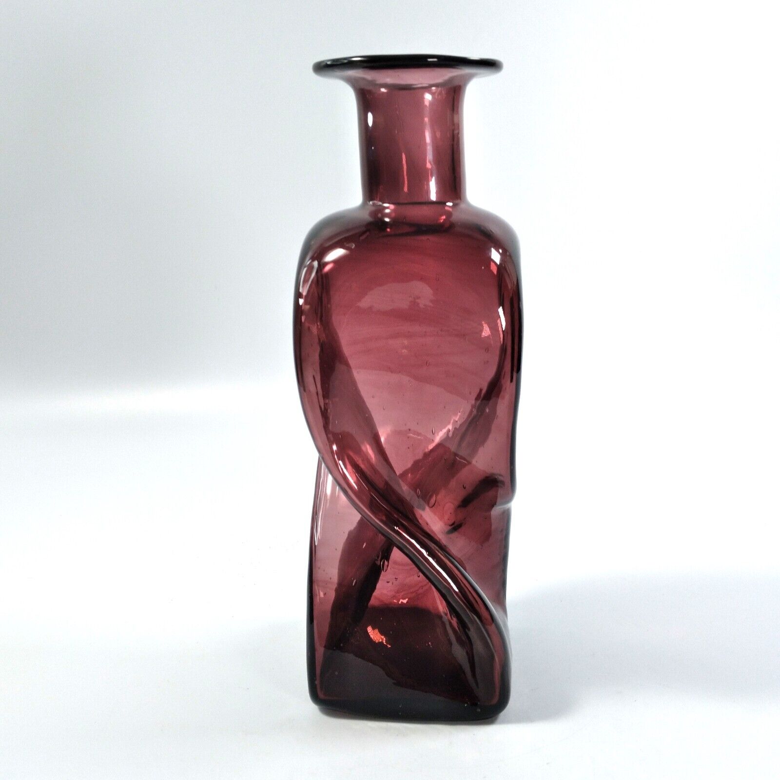 Blenko - esk Amethyst Purple Twisted Bottle Art Glass Square Rough Pontil 8.25\