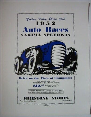Poster reproduction 1952 Yakima Speedway Firestone auto races