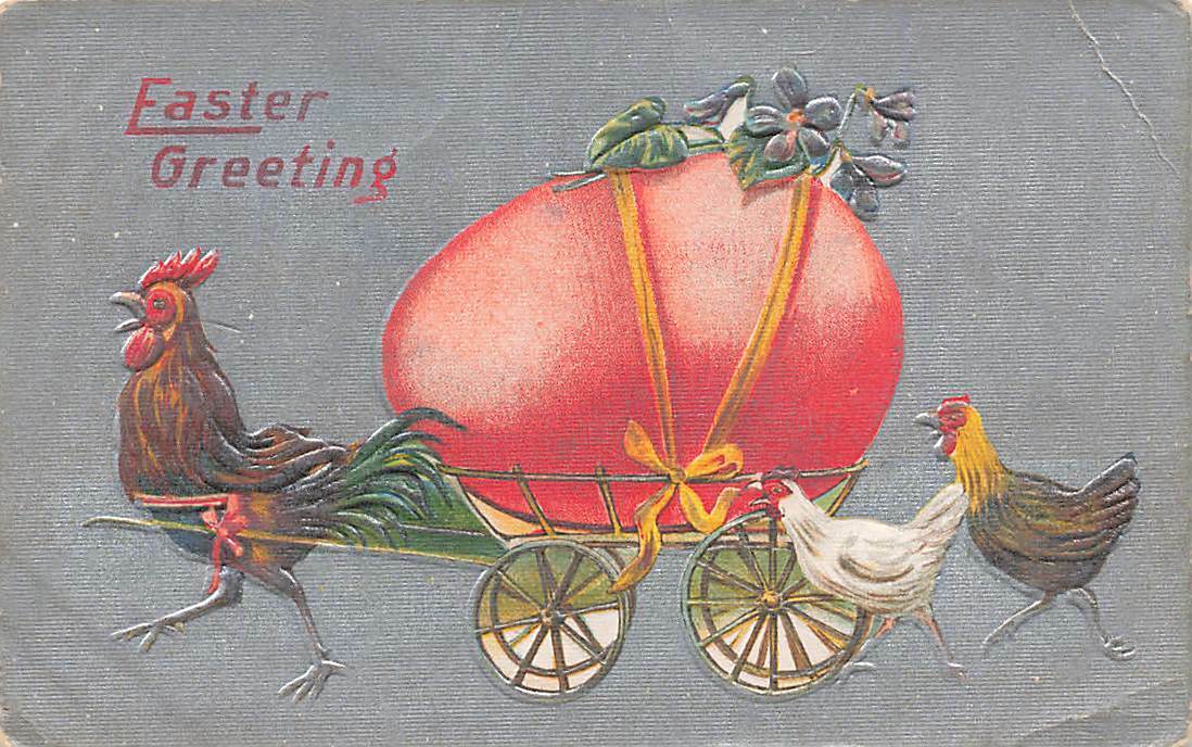 c1910 Old World Fantasy Humanized Chicken Pulls Cart Exaggerated Egg Easter P283