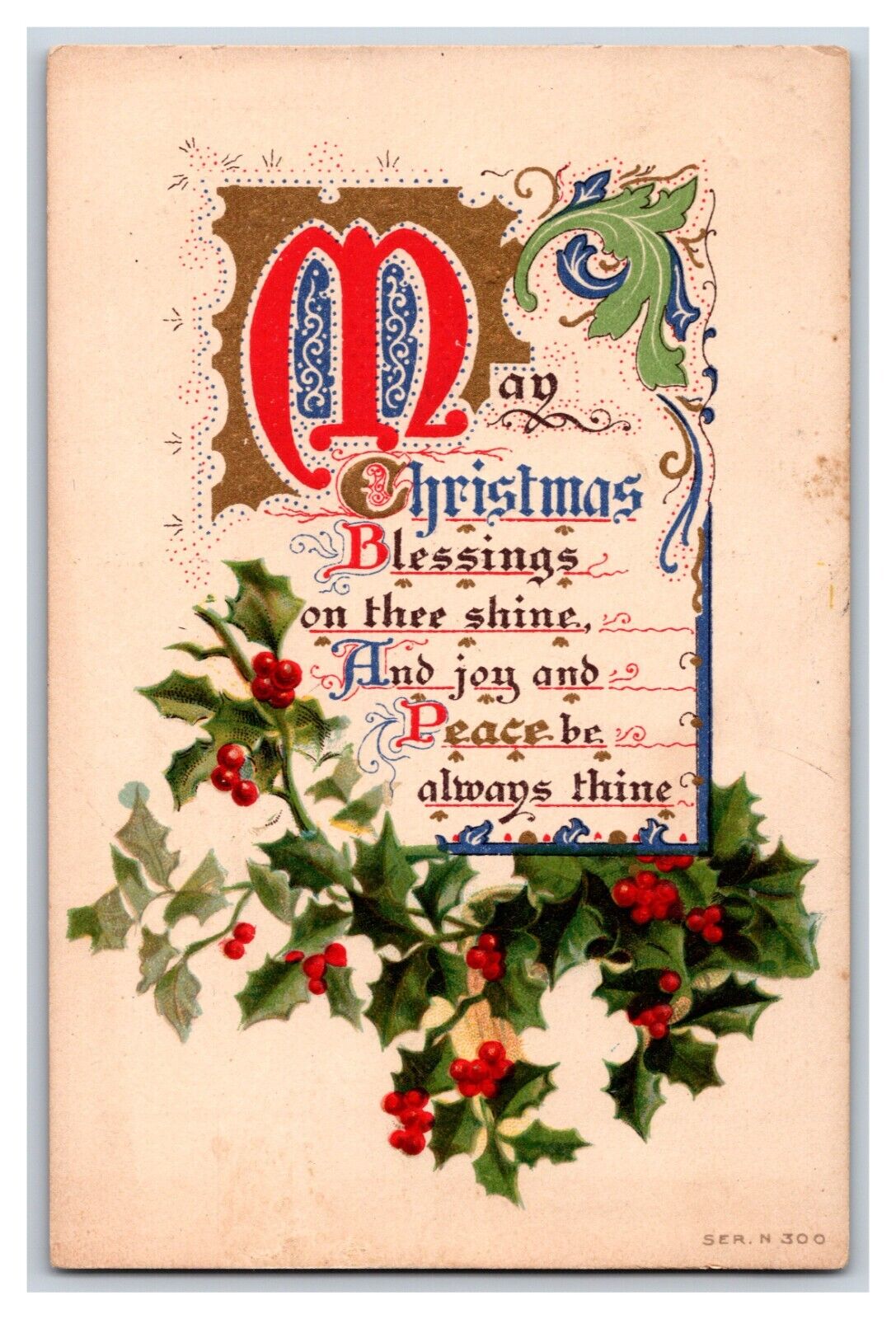 Illuminated Text Christmas Blessings Holly UNP DB Postcard R10