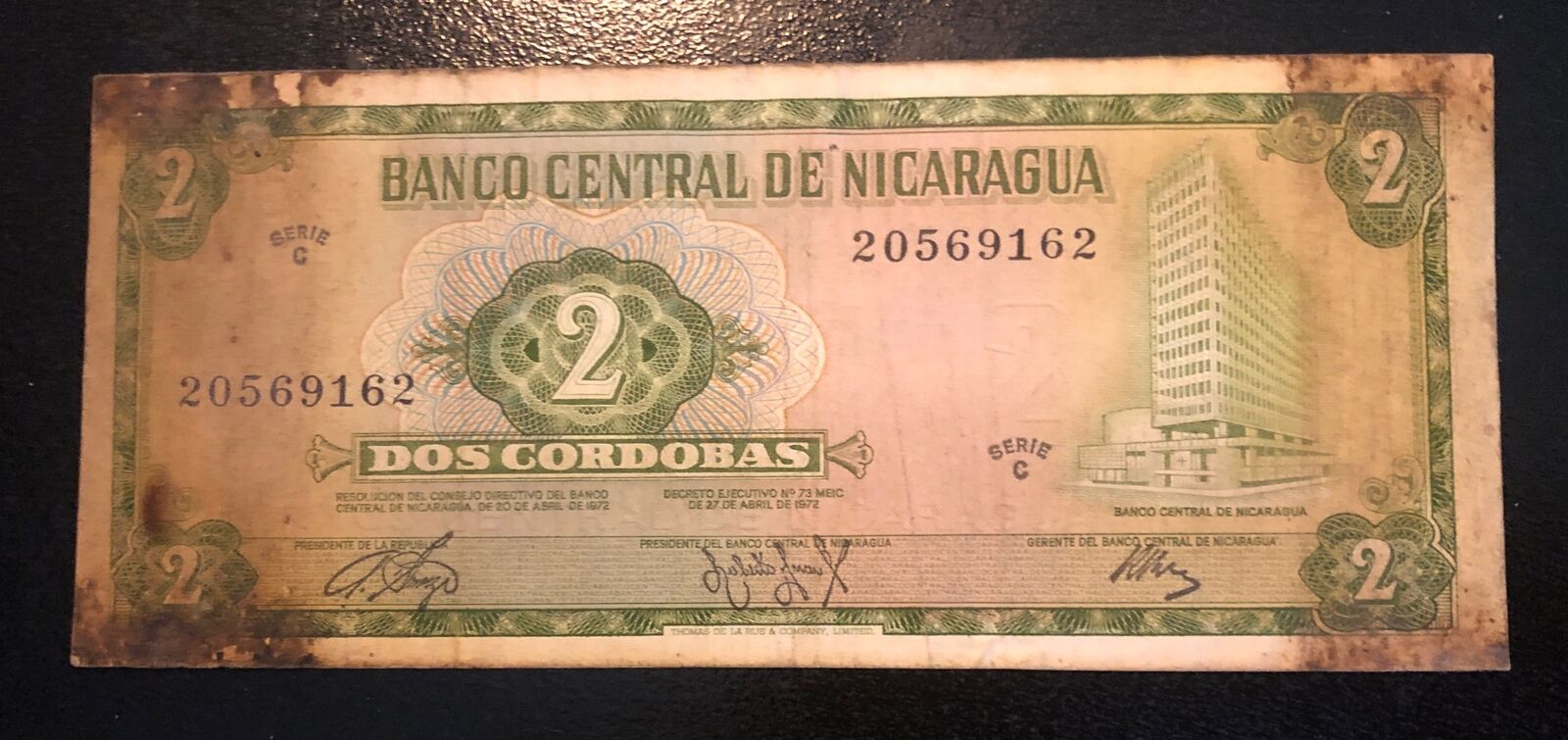 1972 Nicaragua 2 Cordobas Banknote-P#121a,
