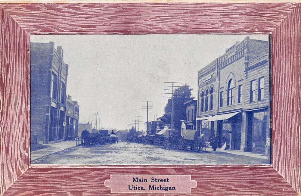Utica Michigan Main Street, Shops & Wagons, Wood Look Frame Vintage PC U3636