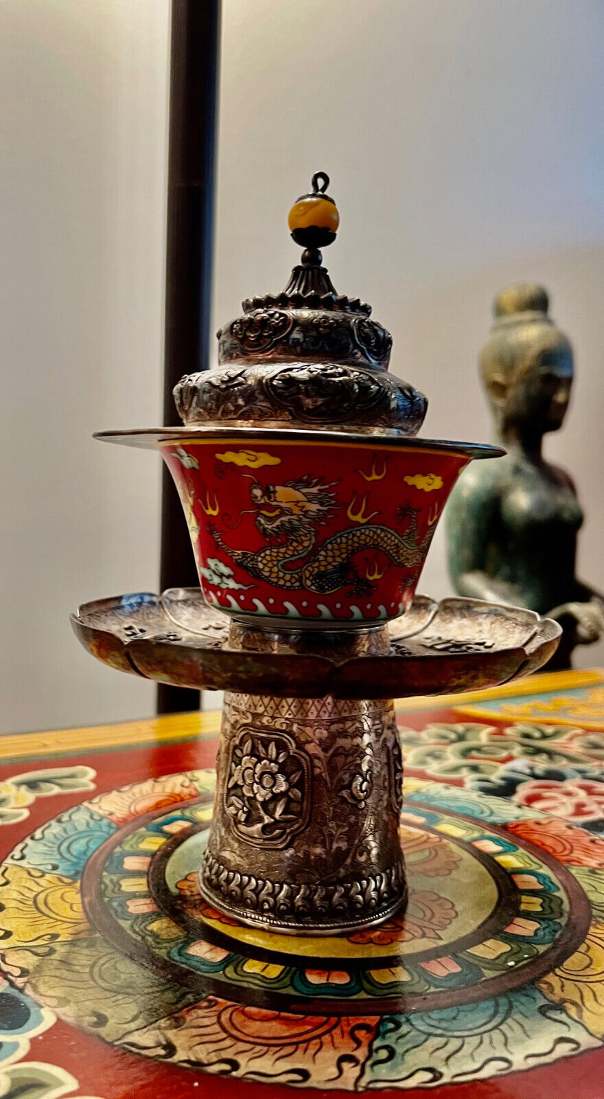 Old 1950\'s Bhutanese Sterling Silver Puja Cup and Holder