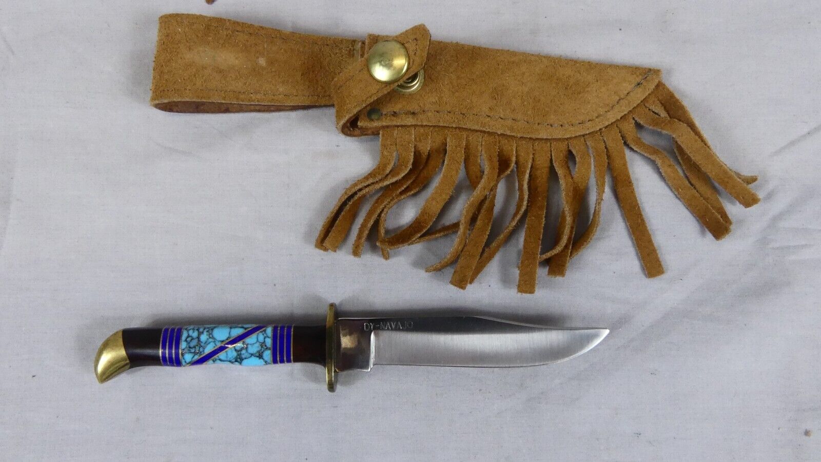 VTG DY Navajo Handmade Doris Yazzie KNIFE Fixed Blade Turquoise Inlay Sheath GS
