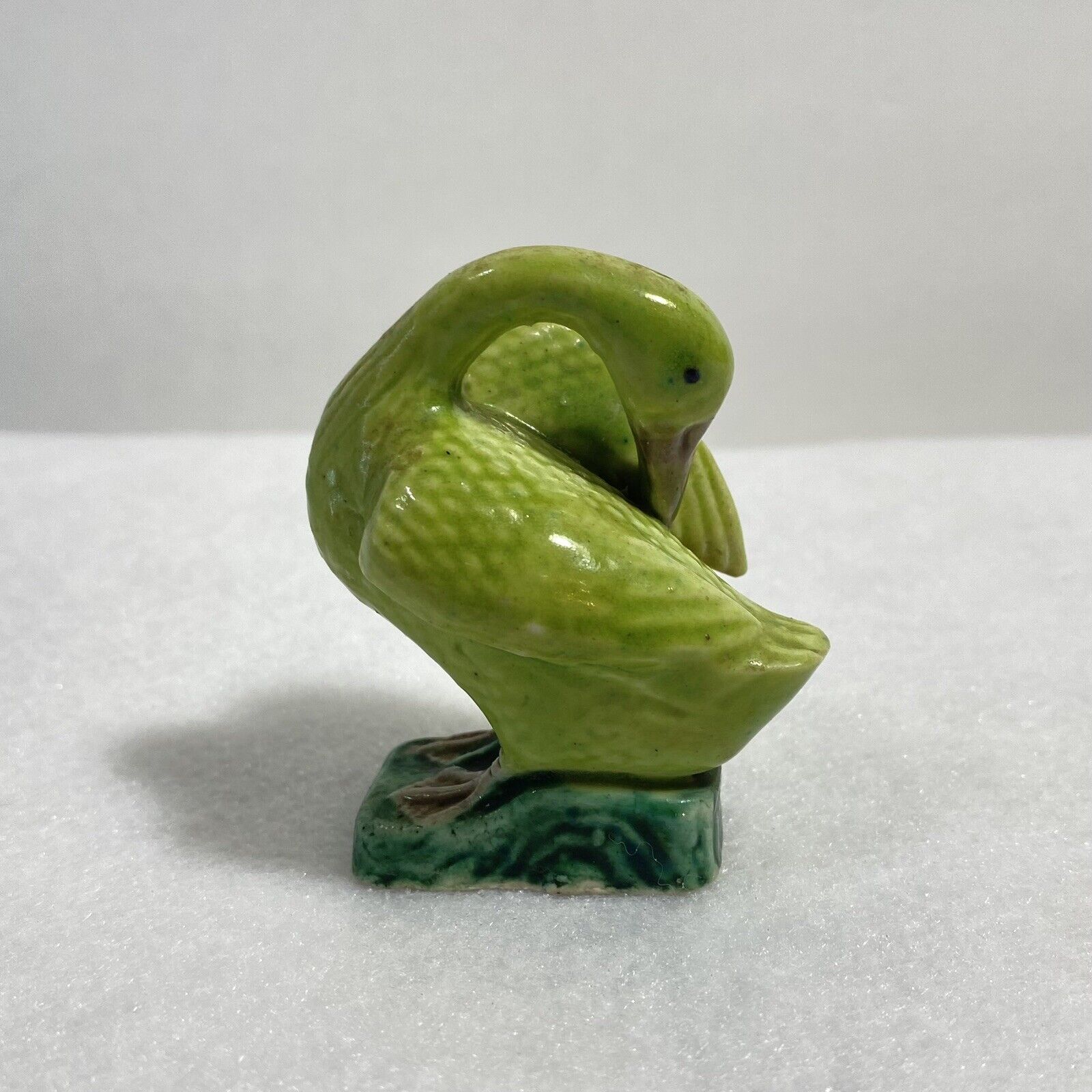 Vintage Majolica Asian Goose Bird Porcelain Figurine Lime Green 2.5 In. READ*