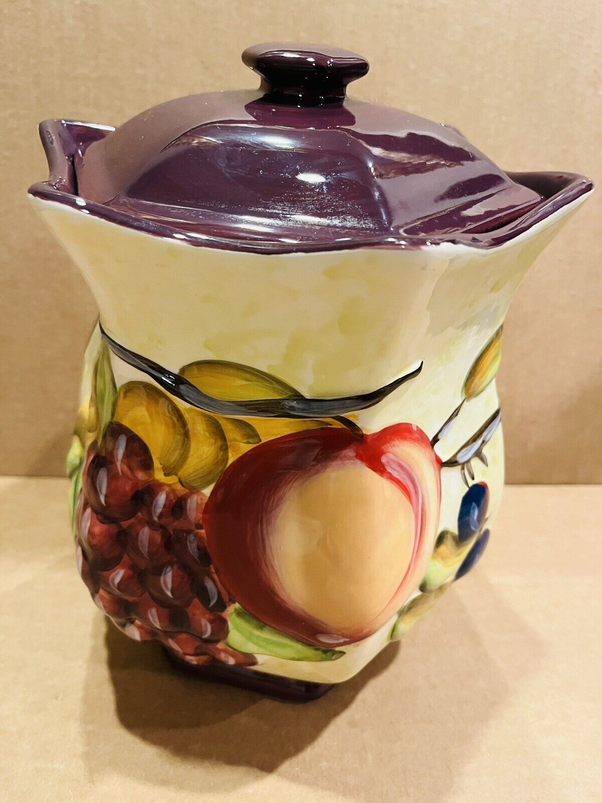 NONNI\'S Hand Painted Embossed Fruit Burgundy Large Ceramic Biscotti Cookie Jar