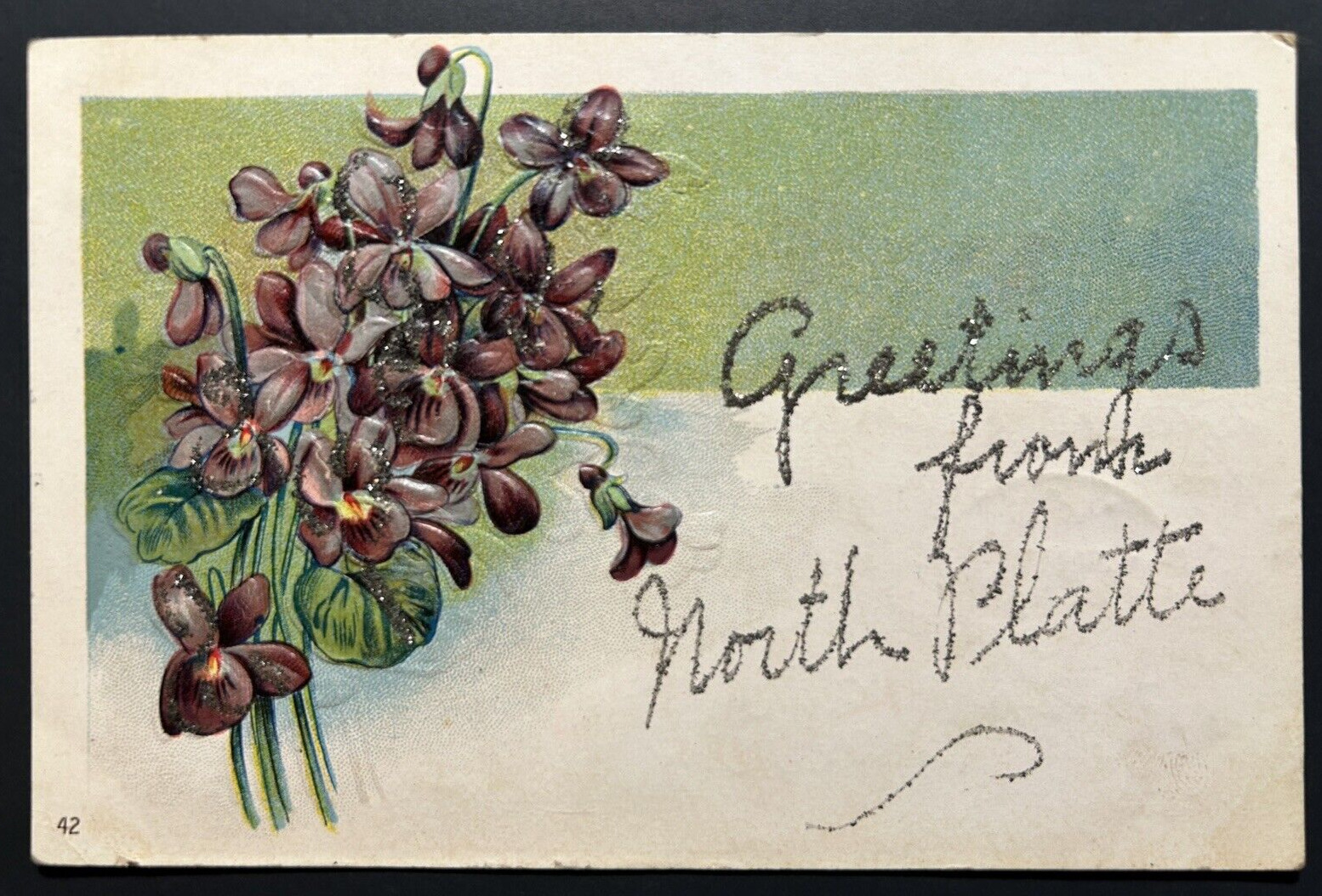 Old Postcard Embossed Purple Flowers Greetings from North Platte Glitter
