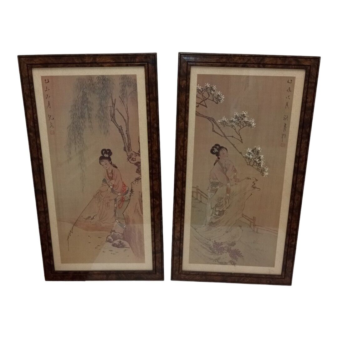 Set O 2 Vintage Chinese Print Of Woman Geisha Fishing And Under Tree Frame