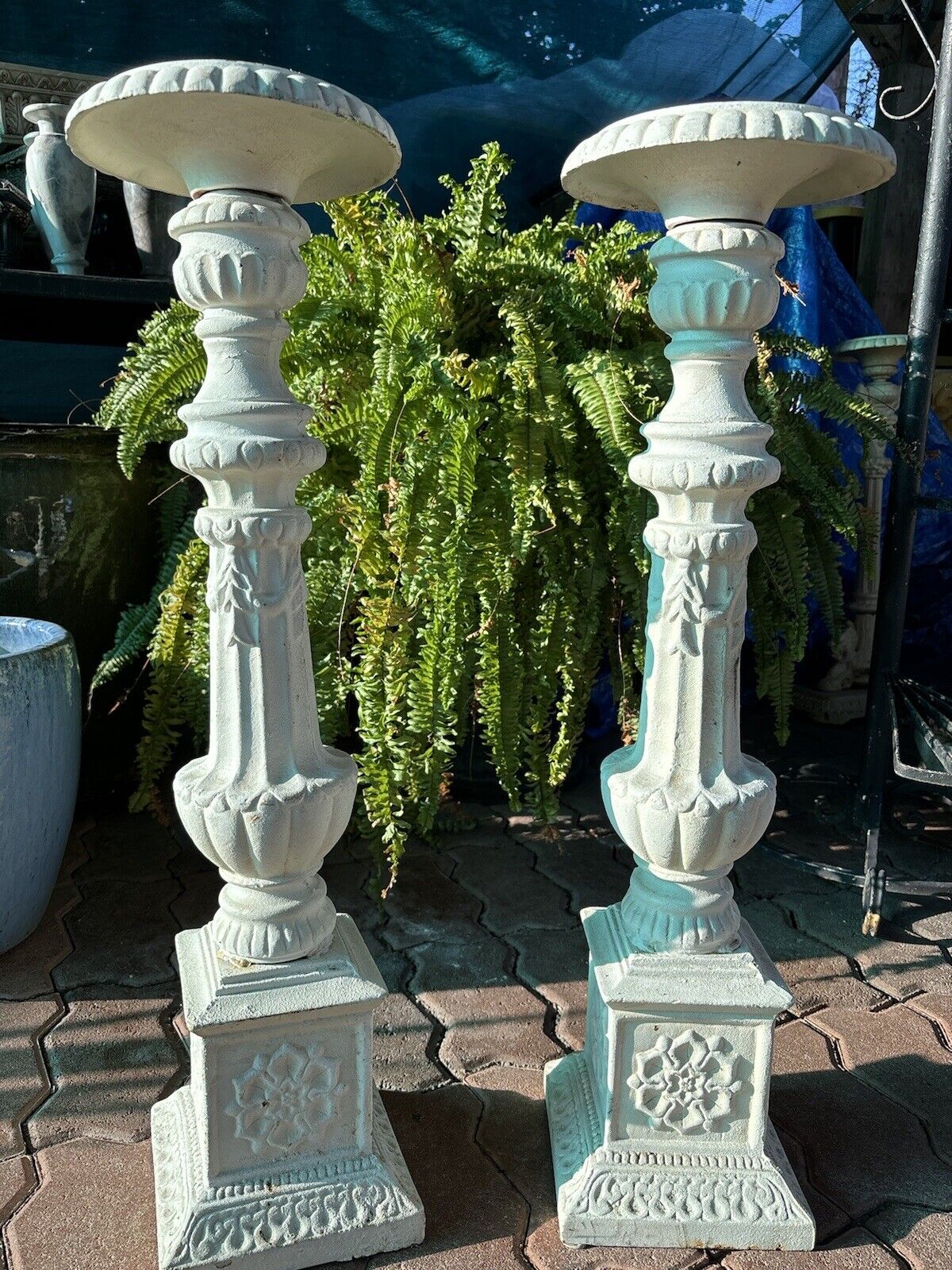 Heavy Tall Ornate Cast Iron Candlestick Holder -Set of 2