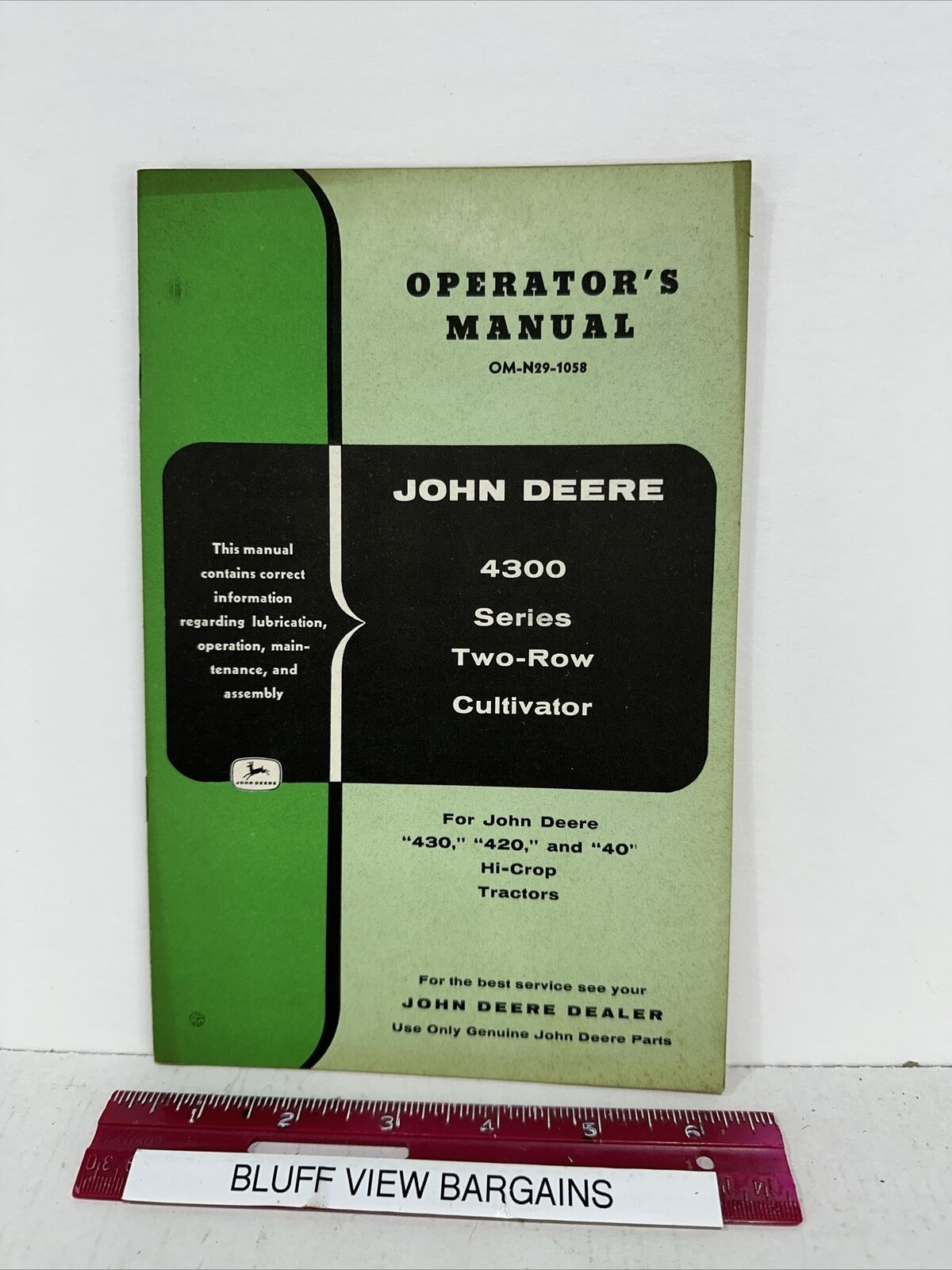 1950's John Deere Operator's Manual OM-N29-1058 Two Row Cultivator 4300 Series