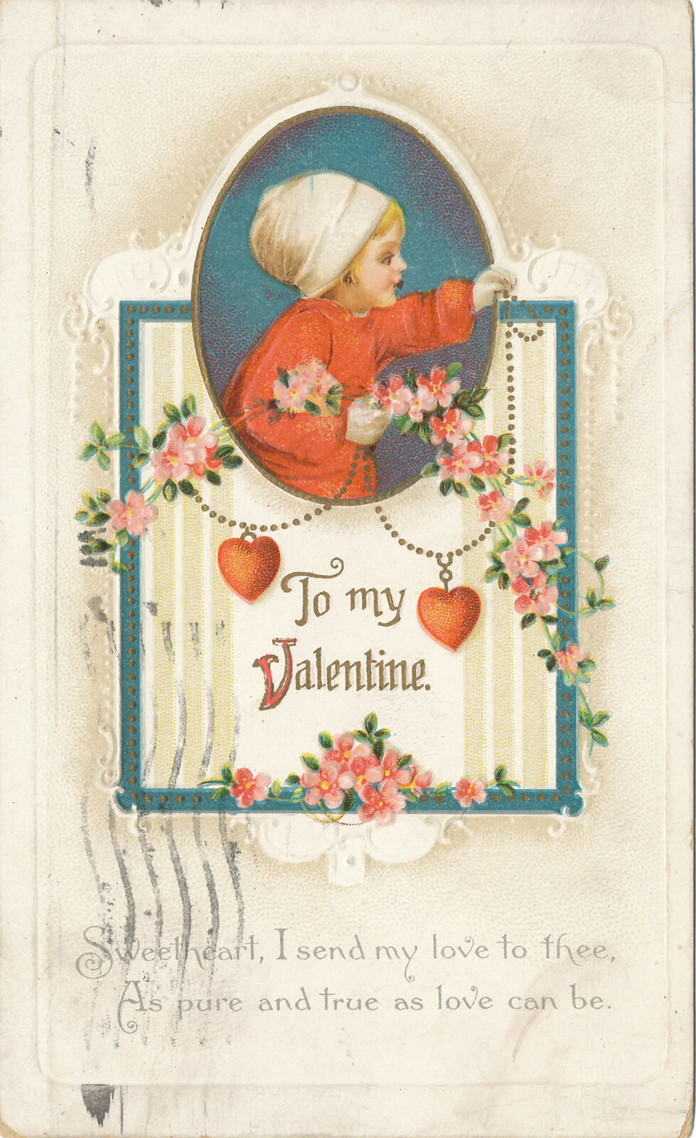 TO MY VALENTINE - Postcard 1916 - CHILD HANGING STRING OF HEARTS AND FLOWERS