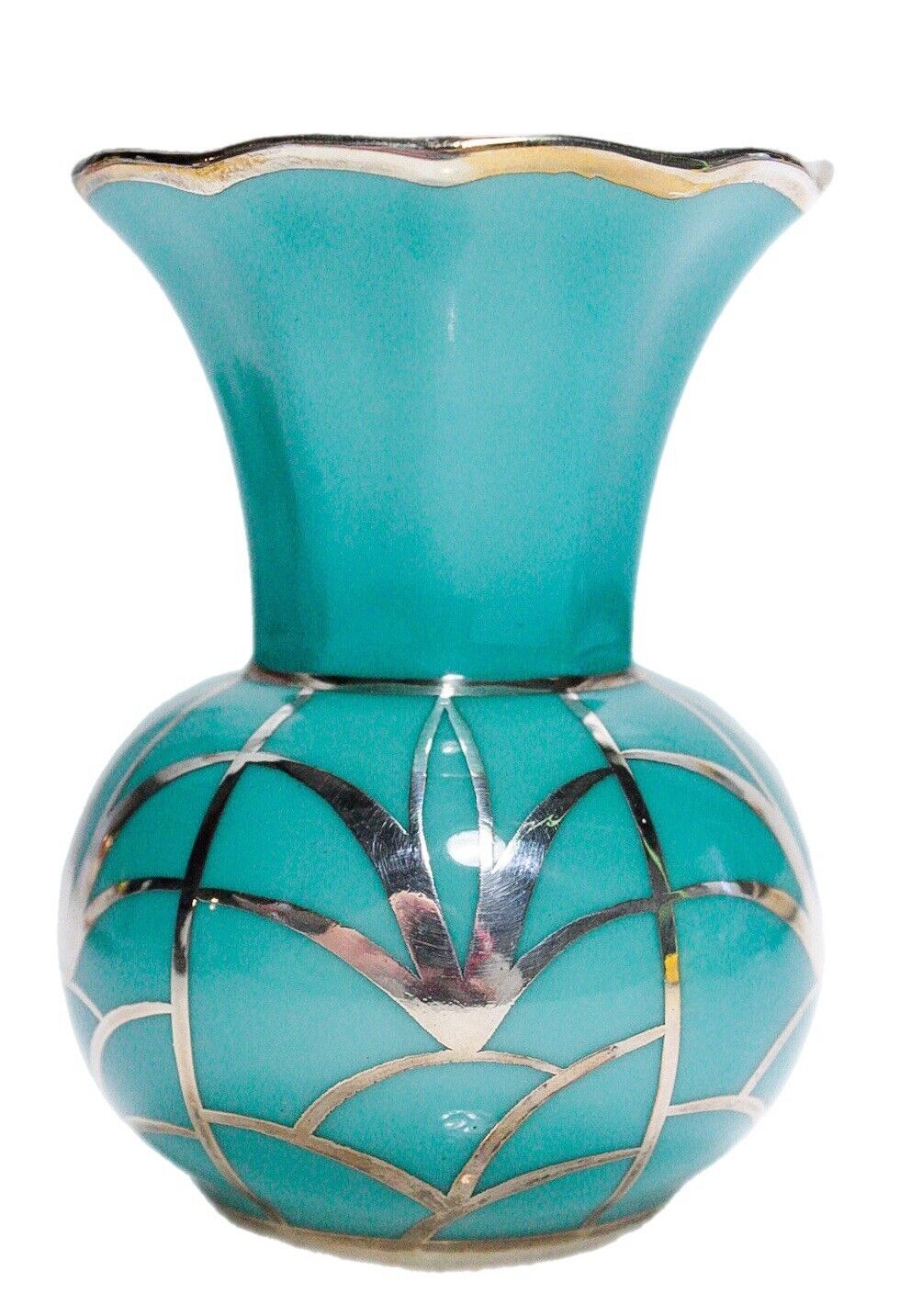 SCHWARZENHAMMER Germany Bavaria  Blue Teal Porcelain Sterling Overlay Small Vase