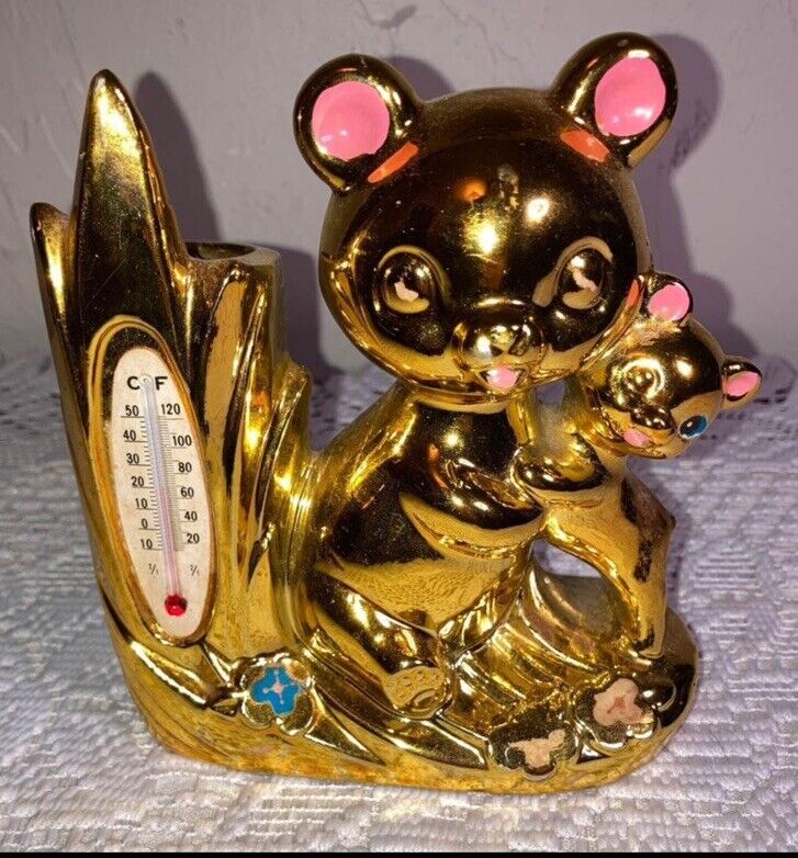 Panda Bear Cub Mirrored Gold  Thermometer Figurine Vase Pen Holder Vintage MCM