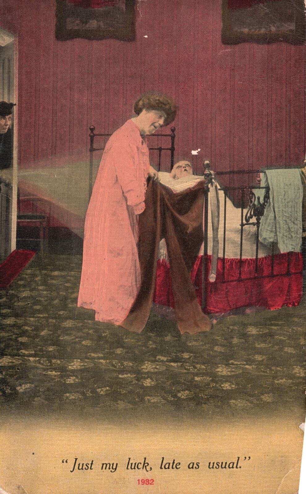 Vintage Postcard 1912 Man Lying In Bed Woman Came Around Just A Luck Late