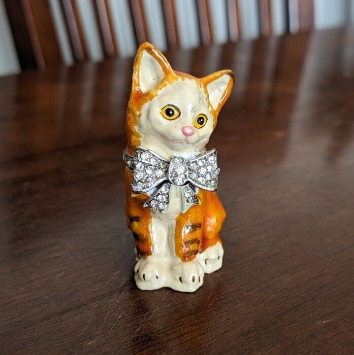 Beautiful Jeweled Detailed Rucinni Orange Sparkle Cat Trinket Box