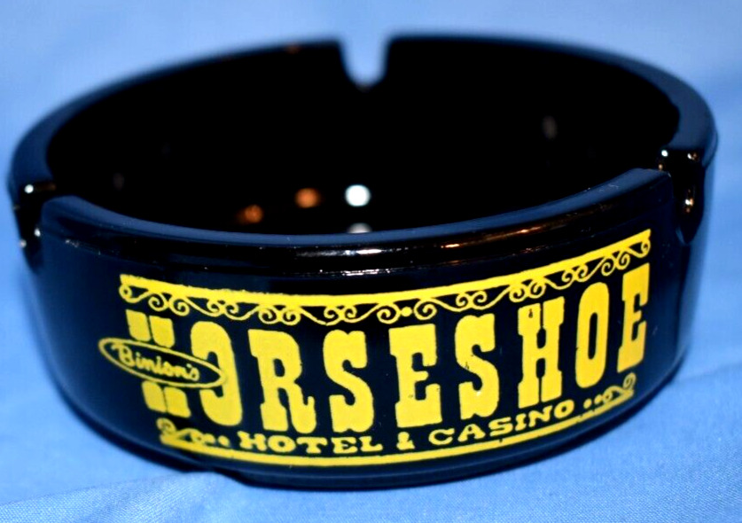 Vintage Binion\'s Horseshoe Casino-Black Amethyst Yellow Lettered Glass Ashtray