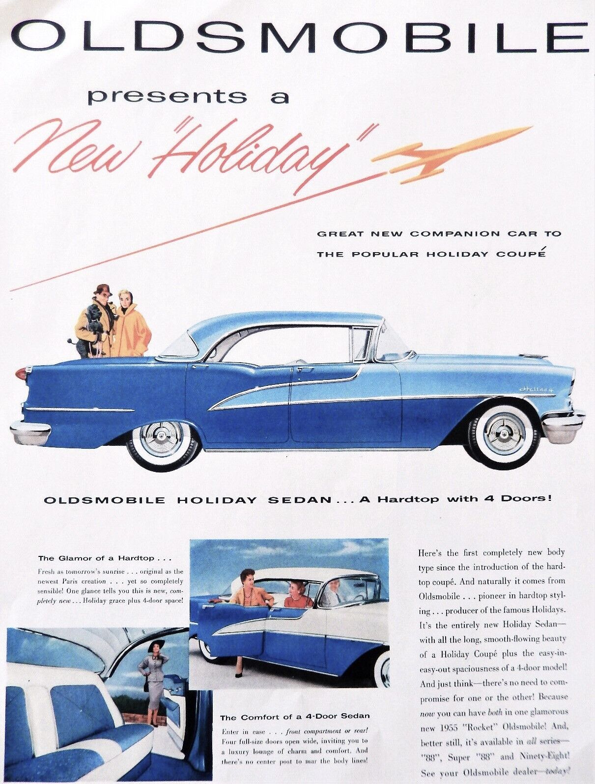 Oldsmobile car ad Vintage 1955 Holiday coupe blue auto advertisement