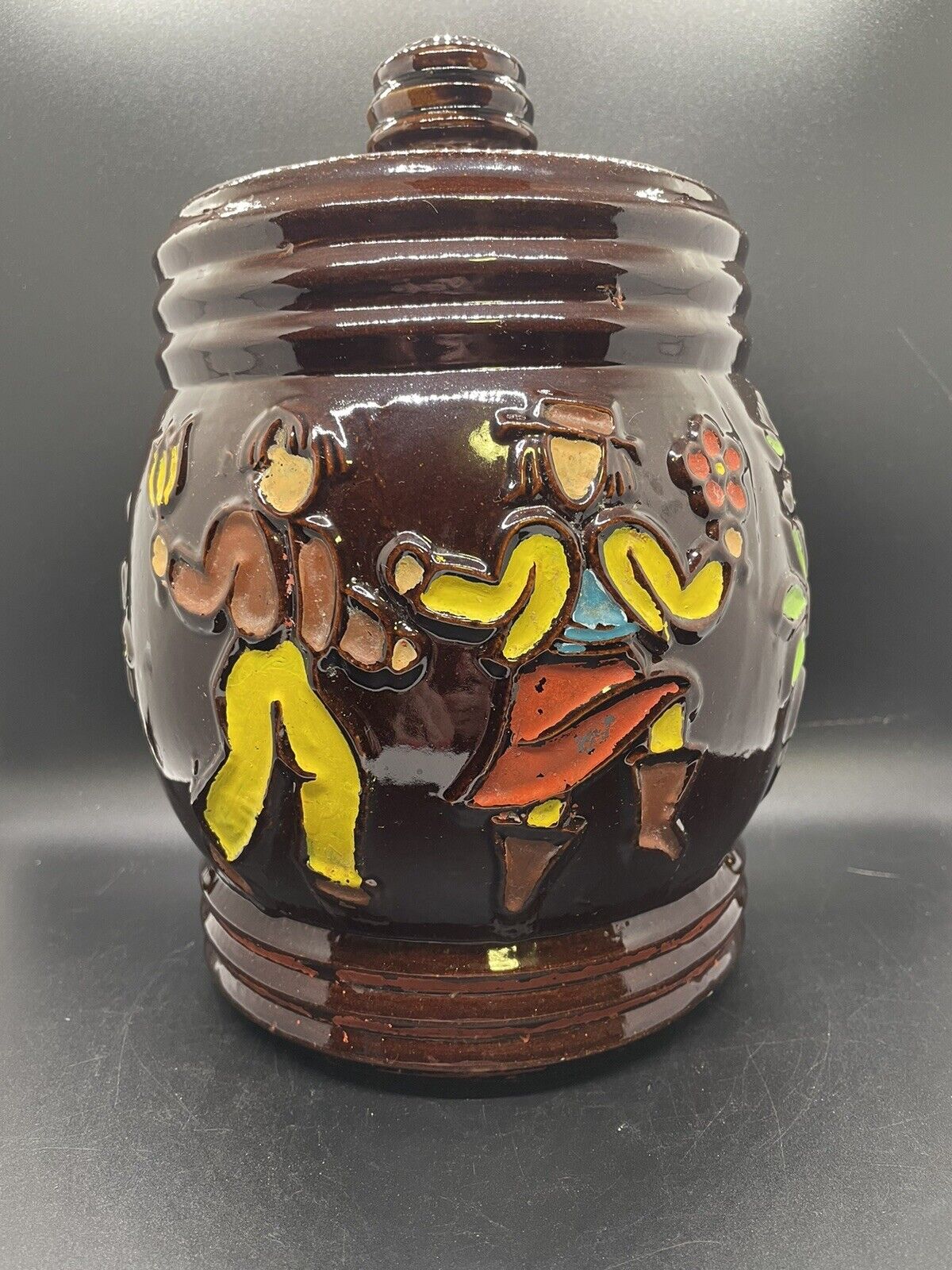 Vintage Red Wing Cookie Jar Stoneware Dancing Peasants 1943