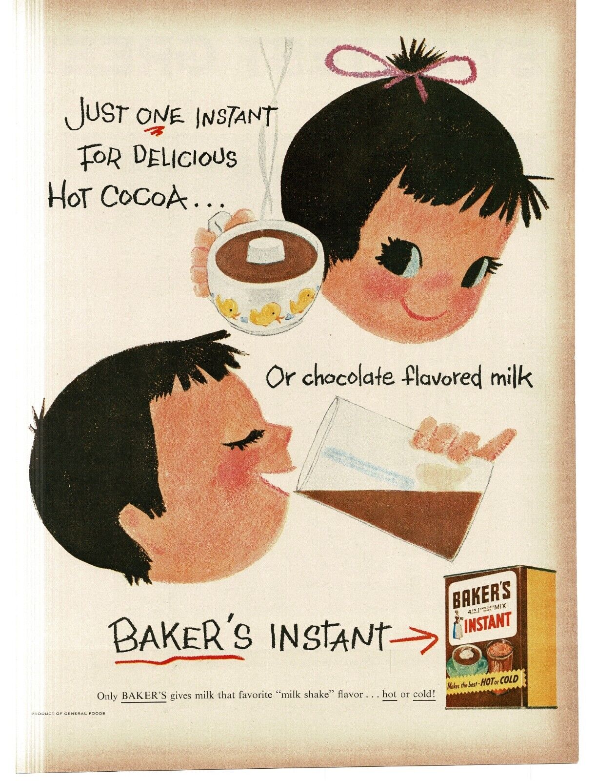 1956 Baker\'s Instant Chocolate Milk Cocoa Drink Mix Vintage Print Ad 1