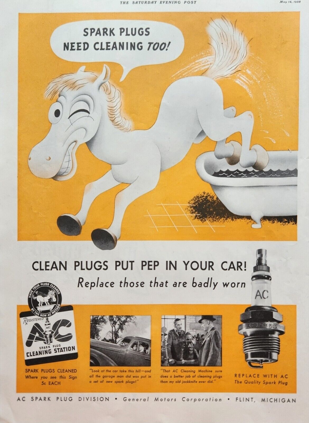 1938 AC Spark Plugs Vintage Ad clean plugs put pep in your car