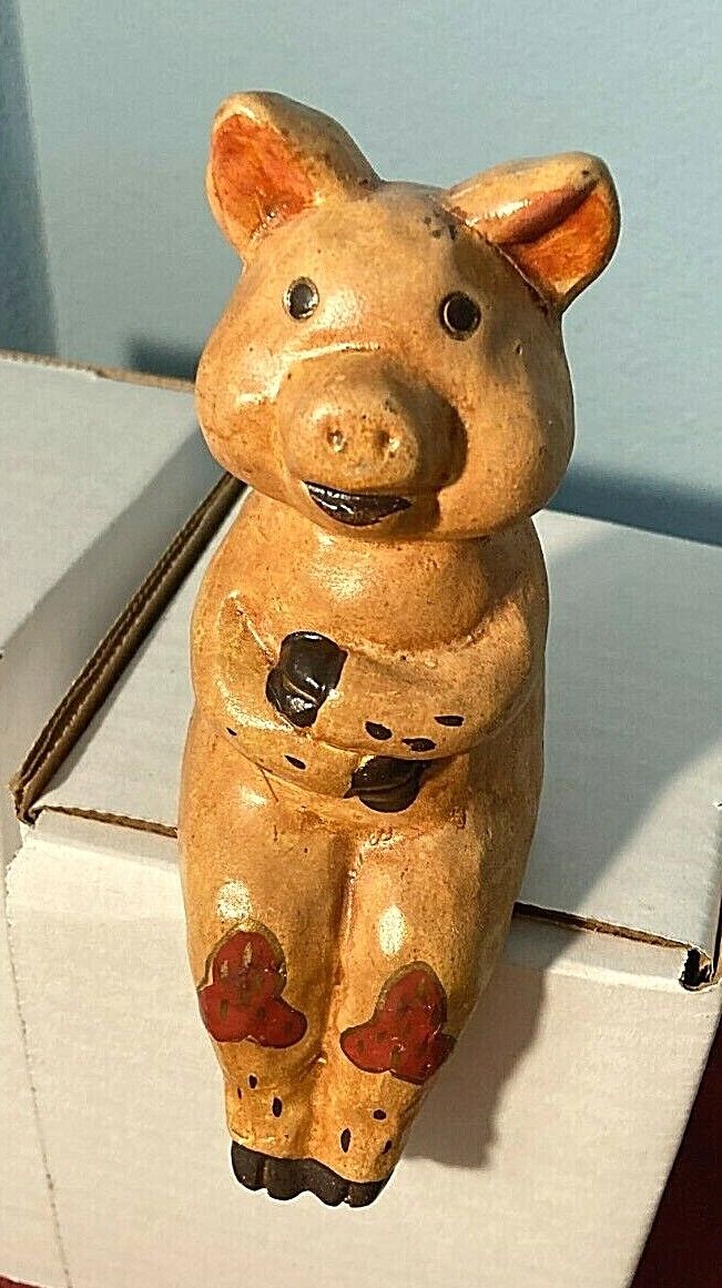 VINTAGE 1990\'s Terra Cotta HAPPY PIG Art Pottery Shelf Sitter-6\