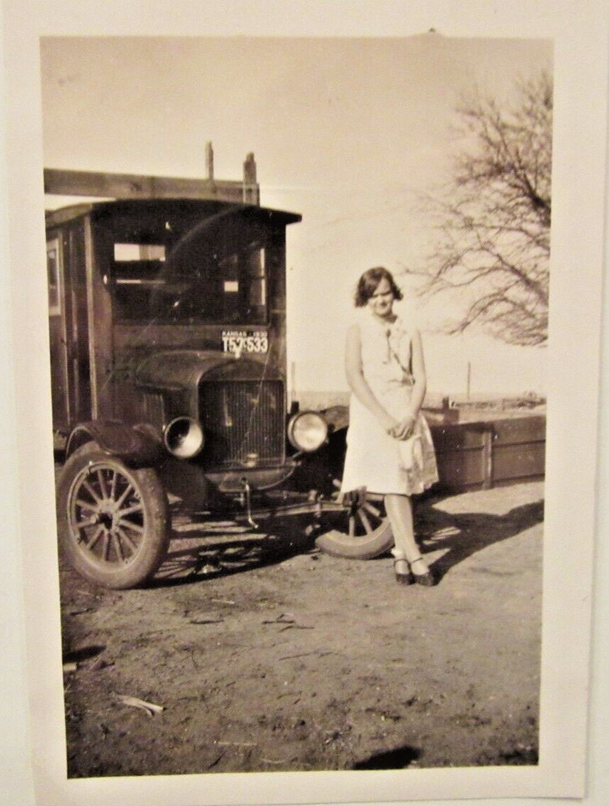 1923 ? FORD MODEL TT Truck, lady next to FORD TT , b&w photo, 3 1/2\