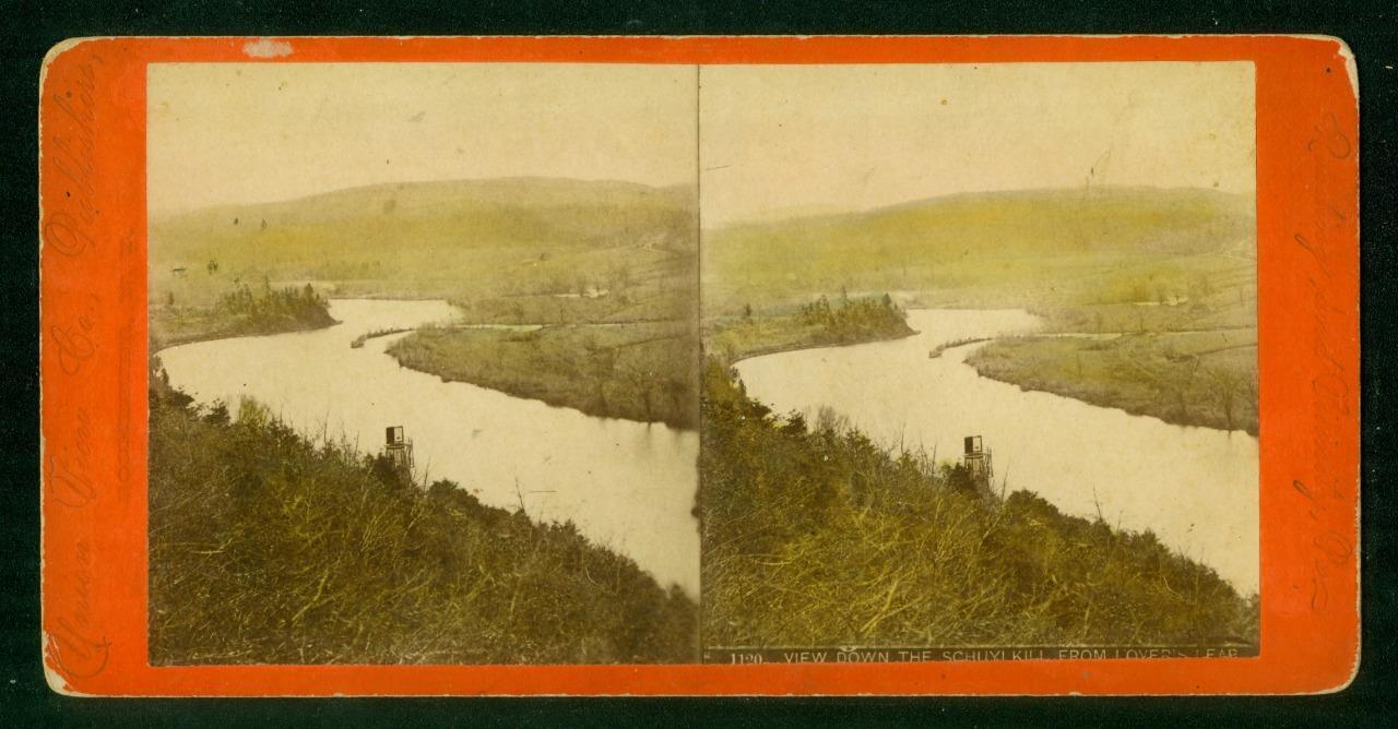 a632, Union View Co Stereoview, #1120, View Down the Schuylkill River, PA, 1880s