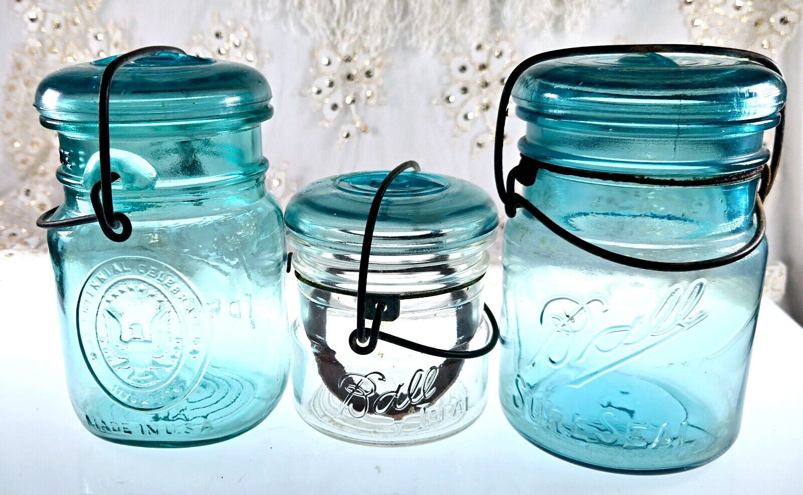 3 Vintage Ball Ideal Blue/Teal Mason Jars w/wire & Lids - 1 Bicentennial