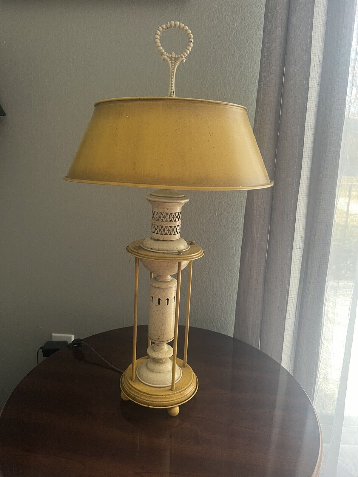 Vintage Leviton French Style Tin Table Lamp Yellow Colored Double Socket 27”