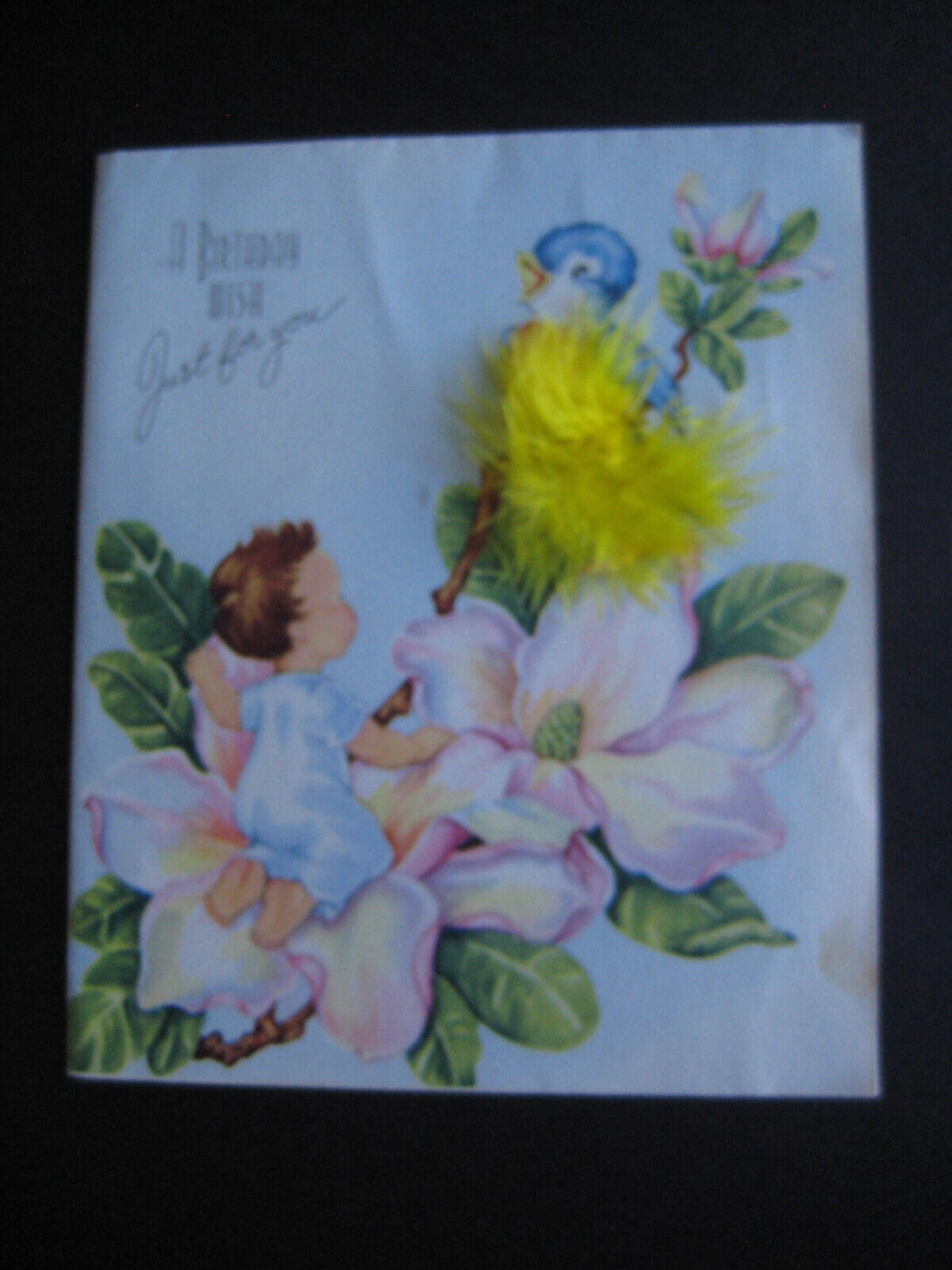 1940s vintage greeting card Wallace/Brown BIRTHDAY Tiny Child w Bluebird, Branch