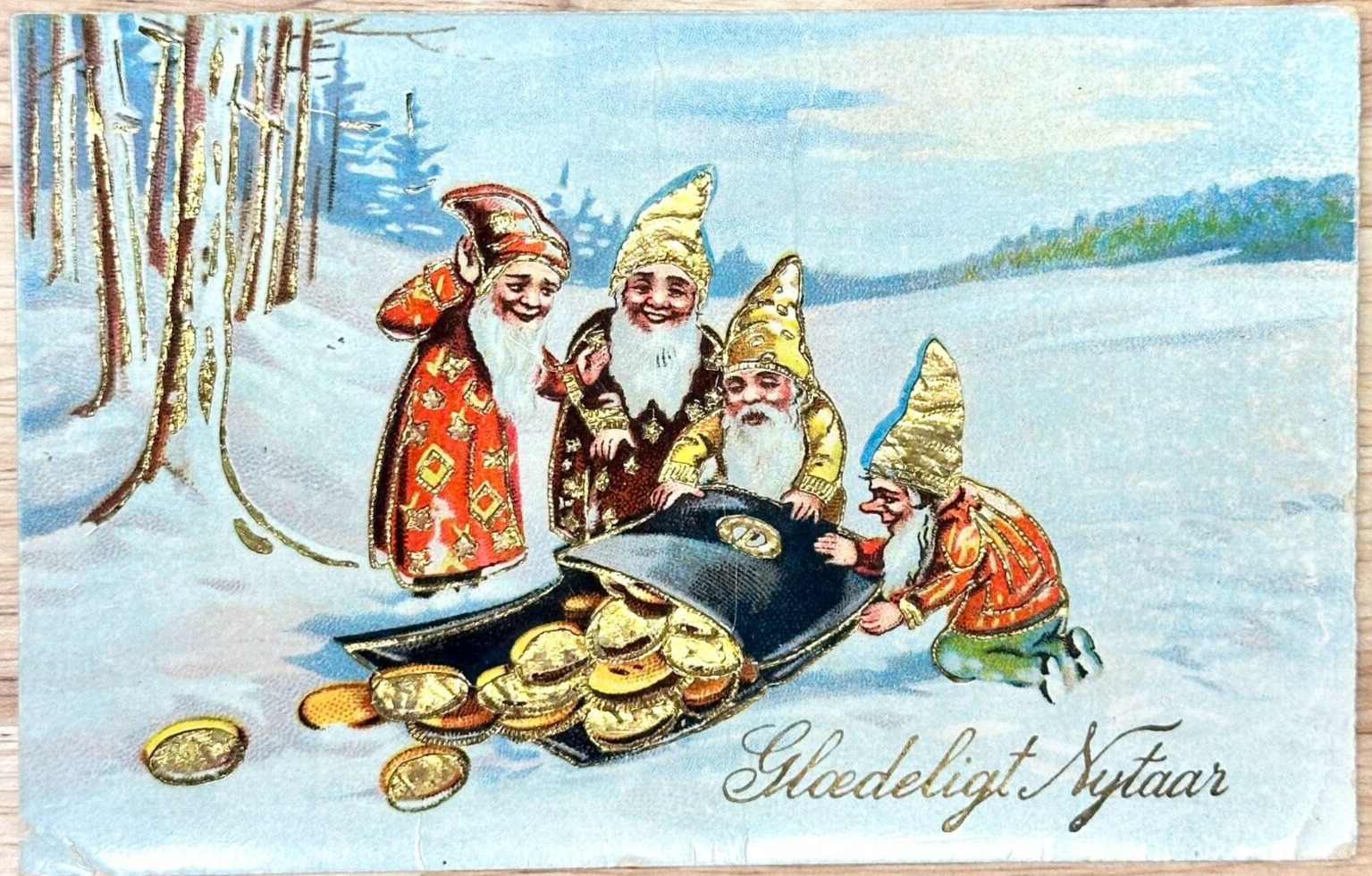 c1909 NORWEGIAN New Year Postcard Gilt Teim Gnomes Dump Coin Wallet in Snow