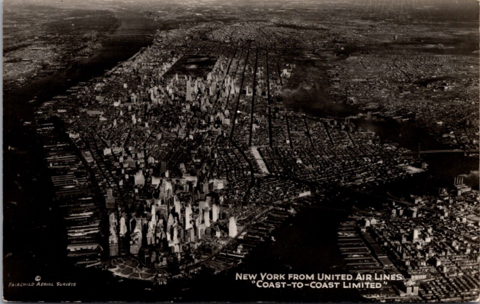 Real Photo Postcard Aerial View of New York From a United Airlines Plane