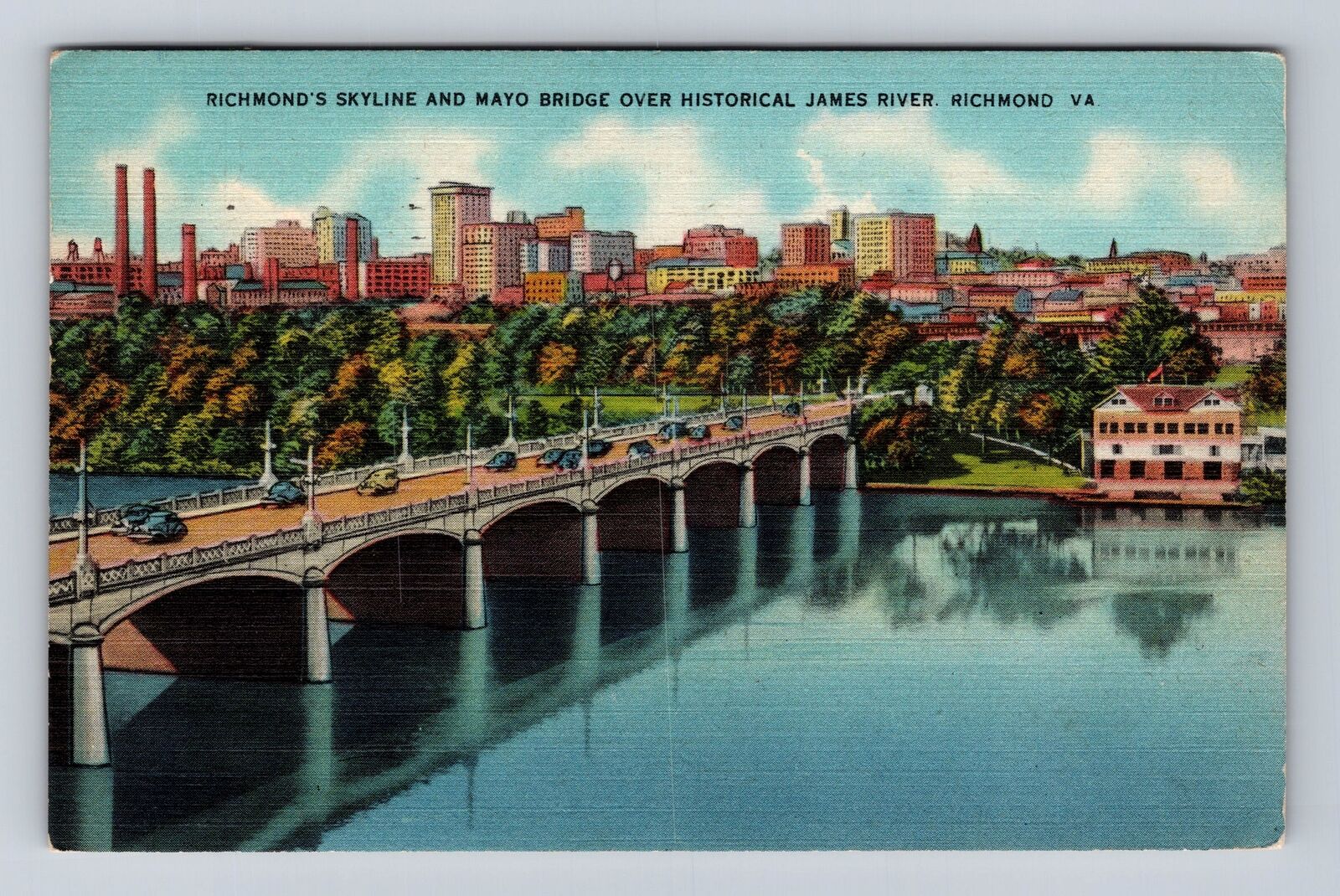 Richmond VA- Virginia, Richmond\'s Skyline And Mayo Bridge Vintage c1945 Postcard