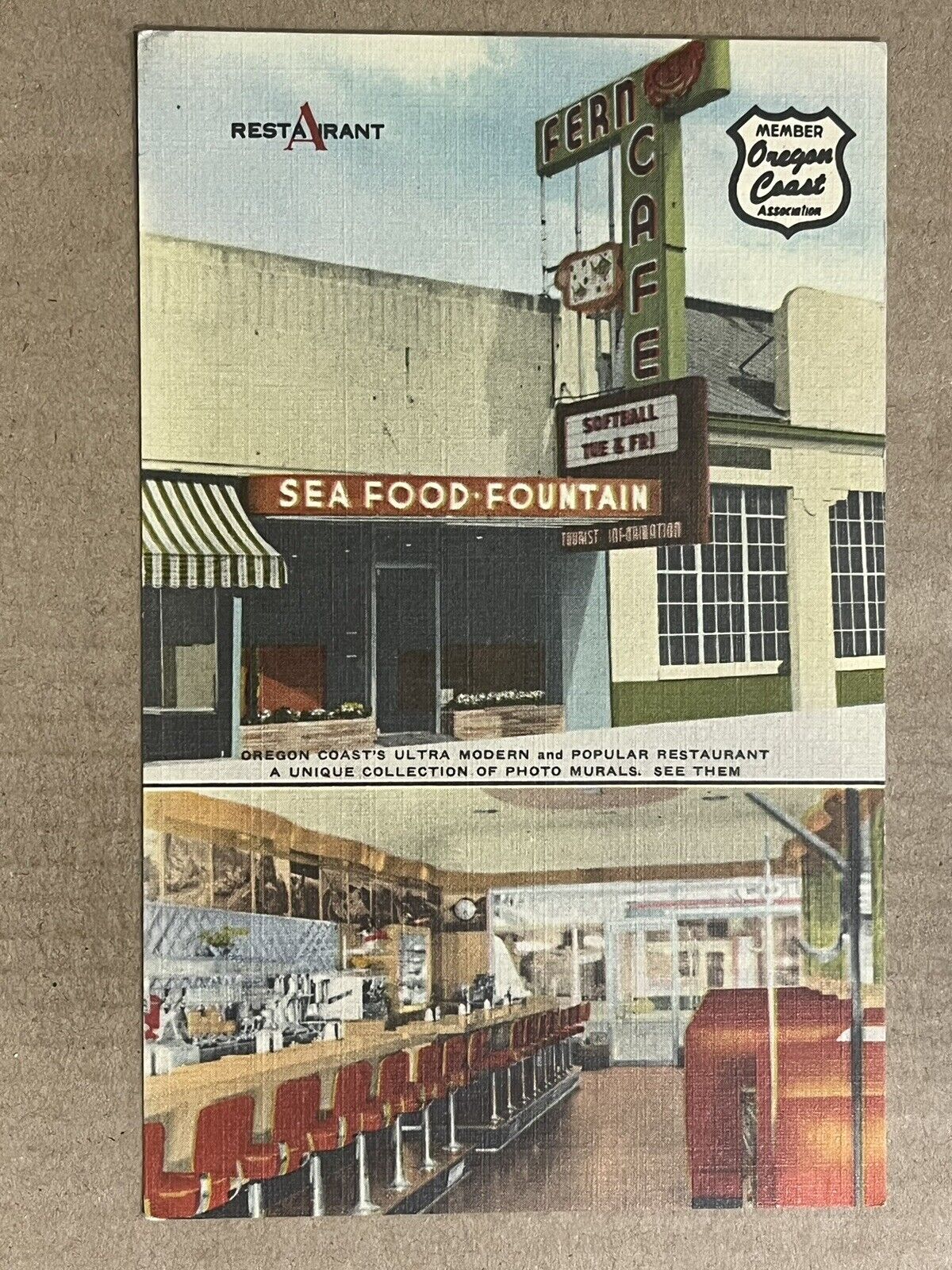 Postcard Tillamook OR Oregon Fern Cafe Restaurant Diner Vintage Roadside