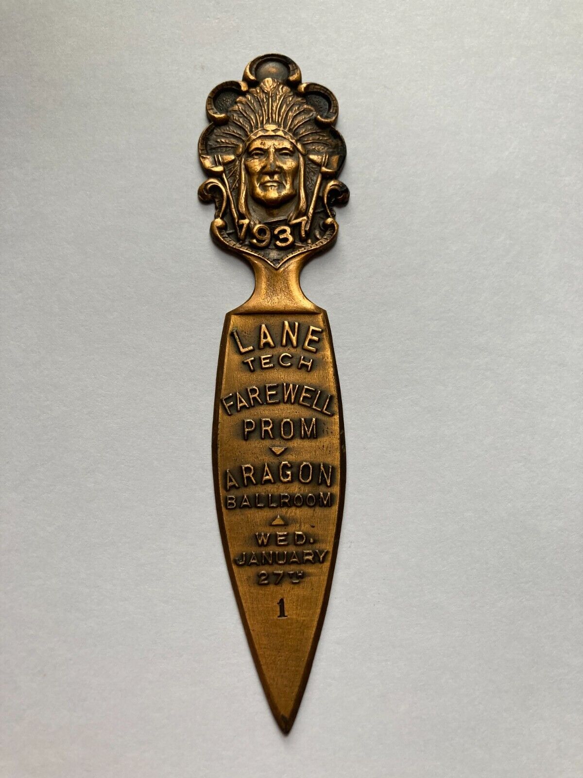 VINTAGE 1937 CHILDS CHICAGO LANE TECH HIGH SCHOOL INDIAN HEAD PROM LETTER OPENER