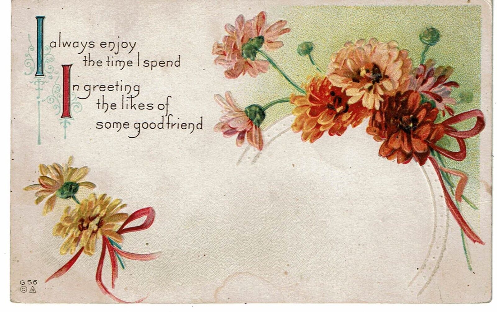 vintage 1900s greetings friends enjoy time floral postcard embossed flowers