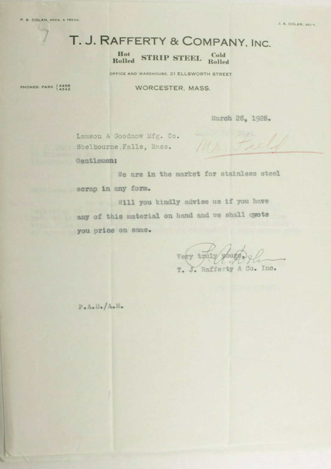 1928 Lamson Goodnow T J Rafferty & Co Worcester MA Scrap Letter Ephemera P1050L