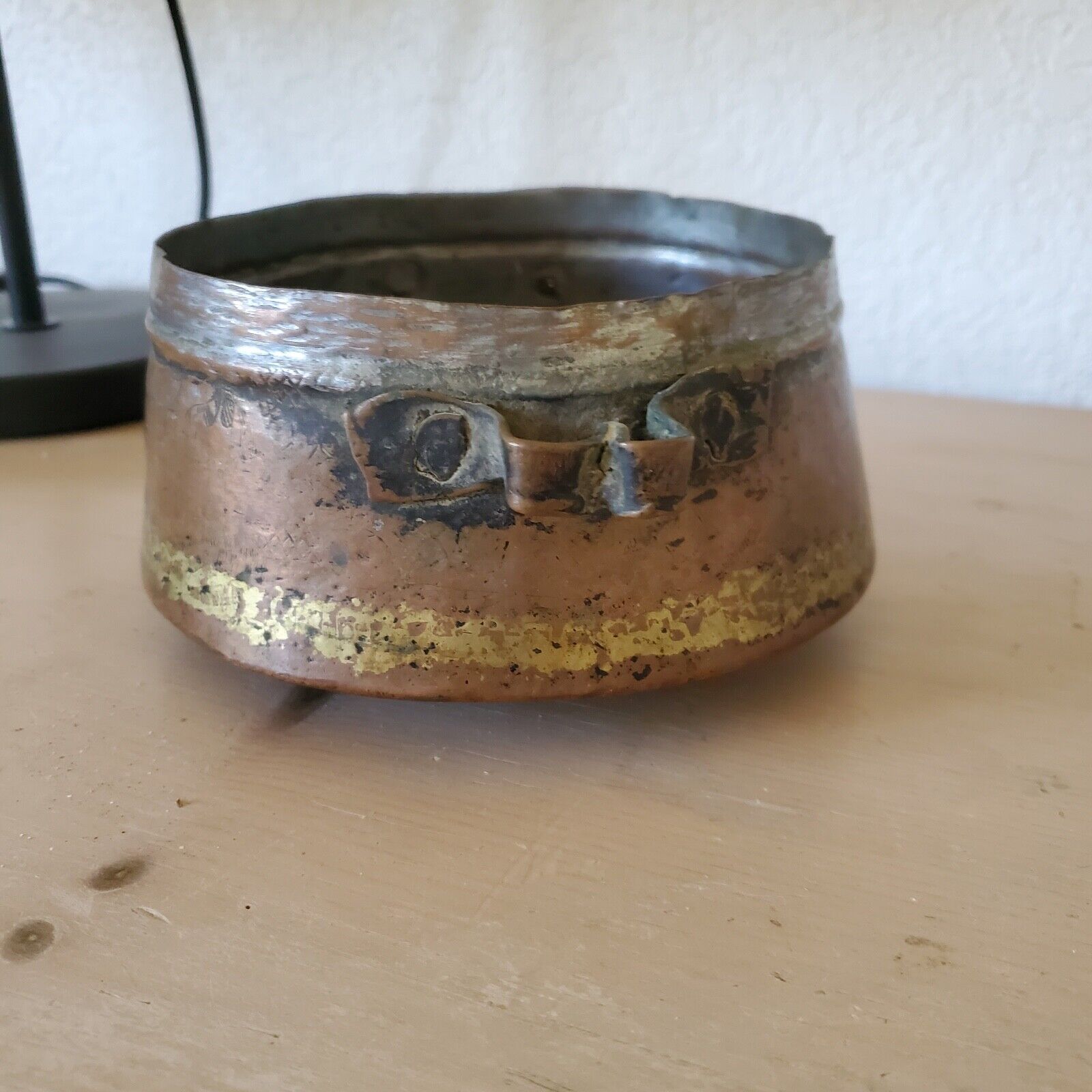 Antique Handmade Primitive Crude Etched Copper Cauldron