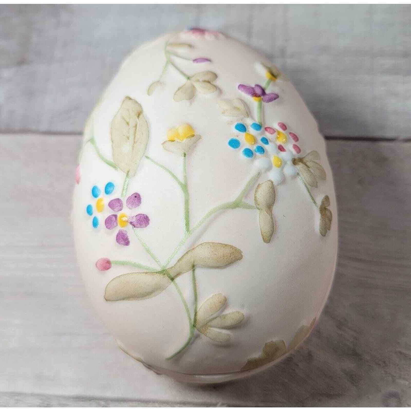 Trinket Box Egg Shape Hand Painted Fine Bone China Raised Floral Lid Vintage