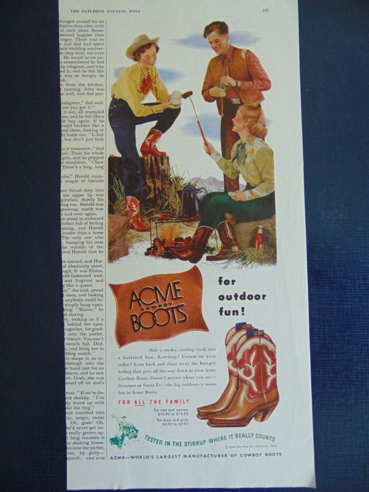 1948 ACME COWBOY BOOTS Tested In The Stirrup Where it Counts art print ad