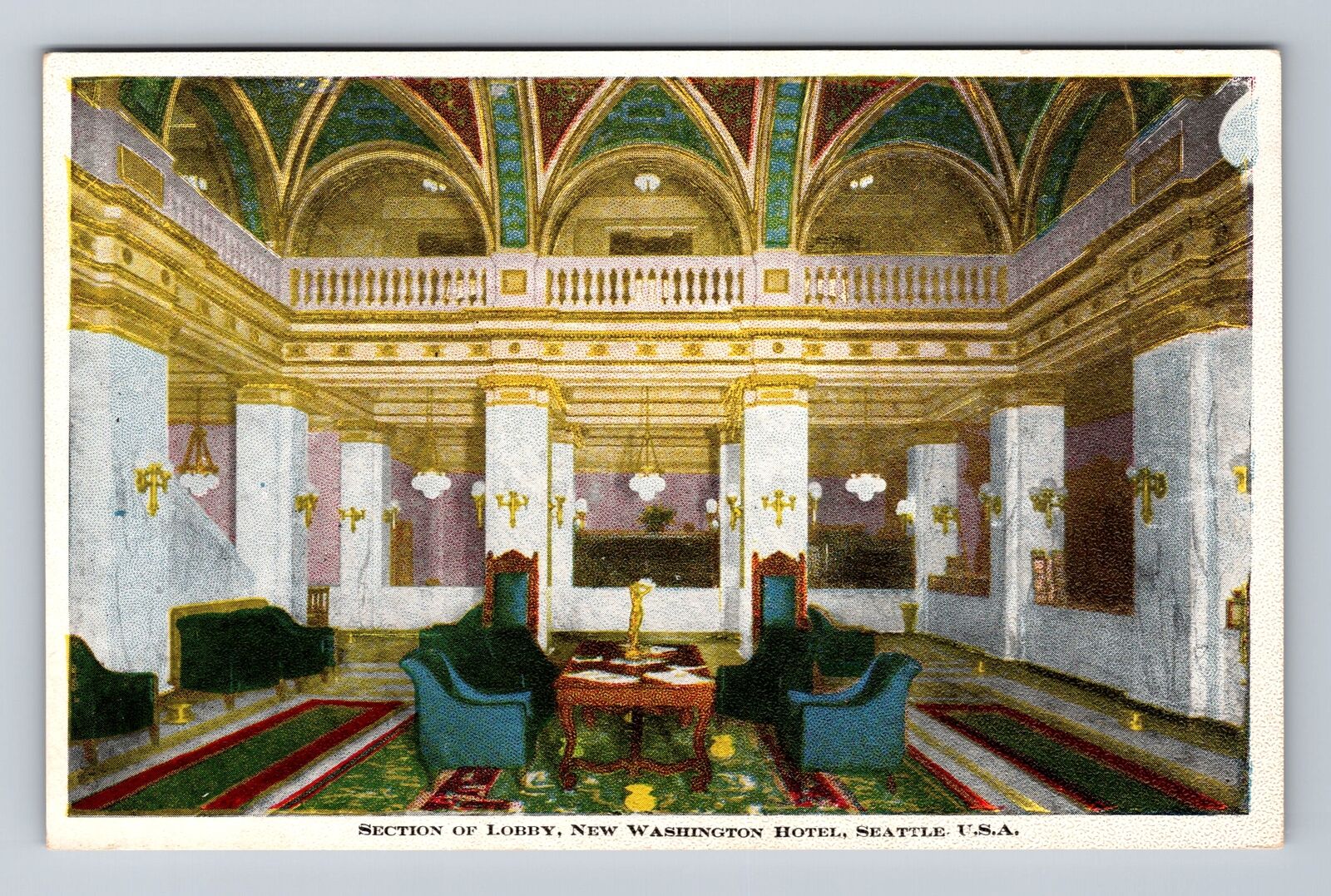 Seattle WA-Washington, New Washington Hotel Lobby, Advertising Vintage Postcard